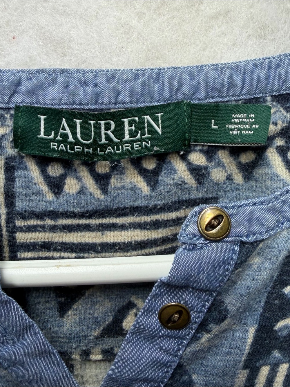 LRL Ralph Lauren Jeans Co Henley Shirt Womens L Indigo Blue Paisley Patchwork - Picture 2 of 7